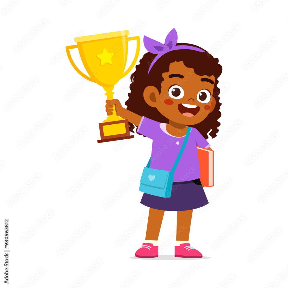 little kid holding golden trophy and wearing backpack little kid holding golden trophy and wearing backpack
