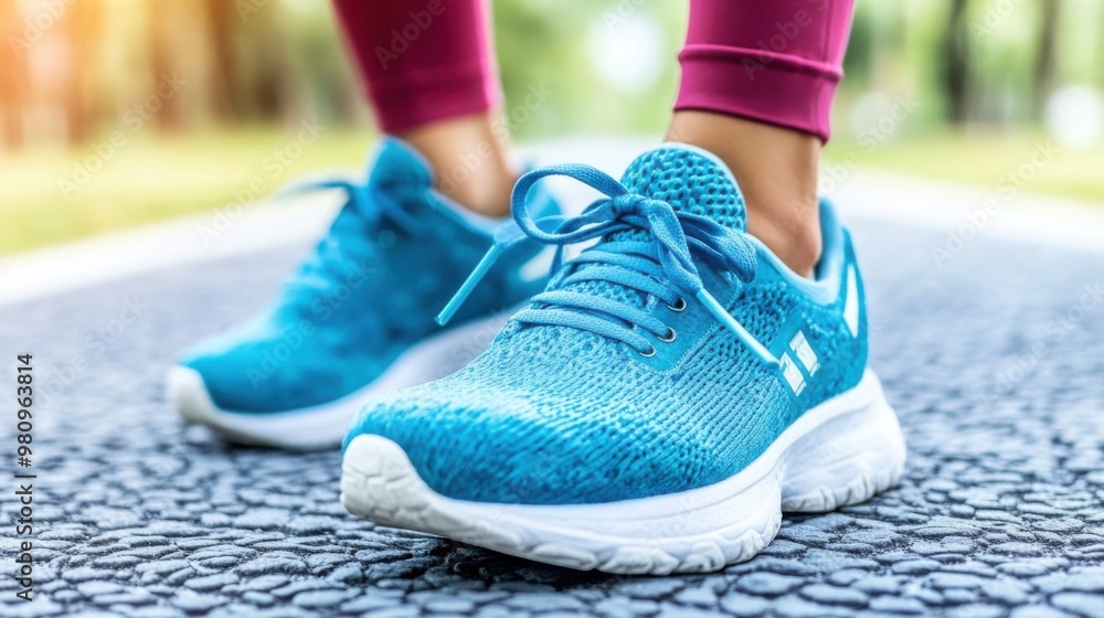 Close up on shoe, Runner athlete feet running on road under sunlight in the morning Close up on shoe, Runner athlete feet running on road under sunlight in the morning