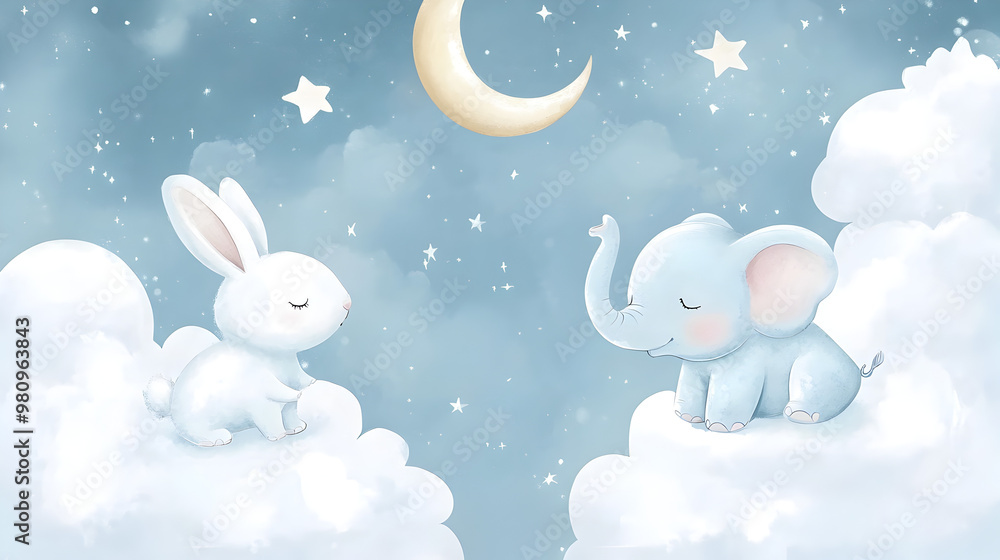 Fototapeta un fondo infantil con estrellas y luna sobre las nubes un conejo y un elefante bebe fondo tierno y adorable para cuadro decorativo o invitacion digital o tarjeta