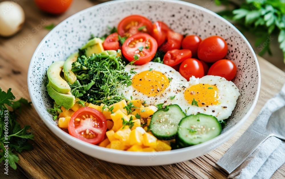 A healthy bowl featuring fresh vegetables, eggs, and vibrant colors, ideal for nutritious meal inspiration. A healthy bowl featuring fresh vegetables, eggs, and vibrant colors, ideal for nutritious meal inspiration.