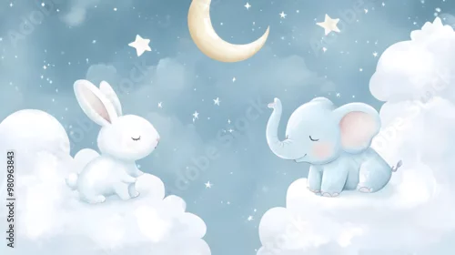 Fototapeta samoprzylepna un fondo infantil con estrellas y luna sobre las nubes un conejo y un elefante bebe fondo tierno y adorable para cuadro decorativo o invitacion digital o tarjeta