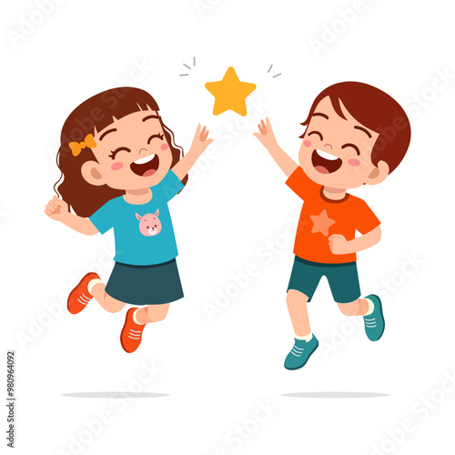 little kid do high five with friend and feel happy