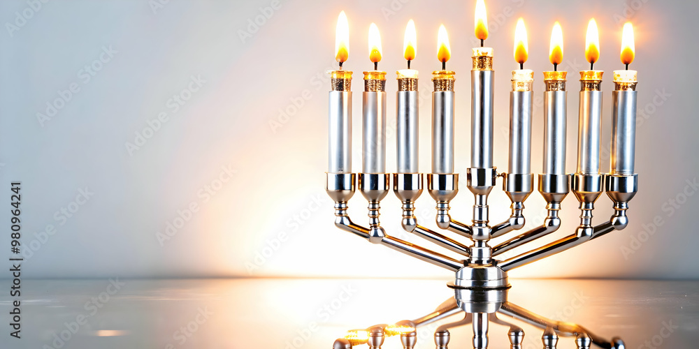 Close Up of Glowing Hanukkah Candles in Futuristic Metallic Menorah - High-Tech Modern Concept with Focus on Flame and Reflections Close Up of Glowing Hanukkah Candles in Futuristic Metallic Menorah - High-Tech Modern Concept with Focus on Flame and Reflections