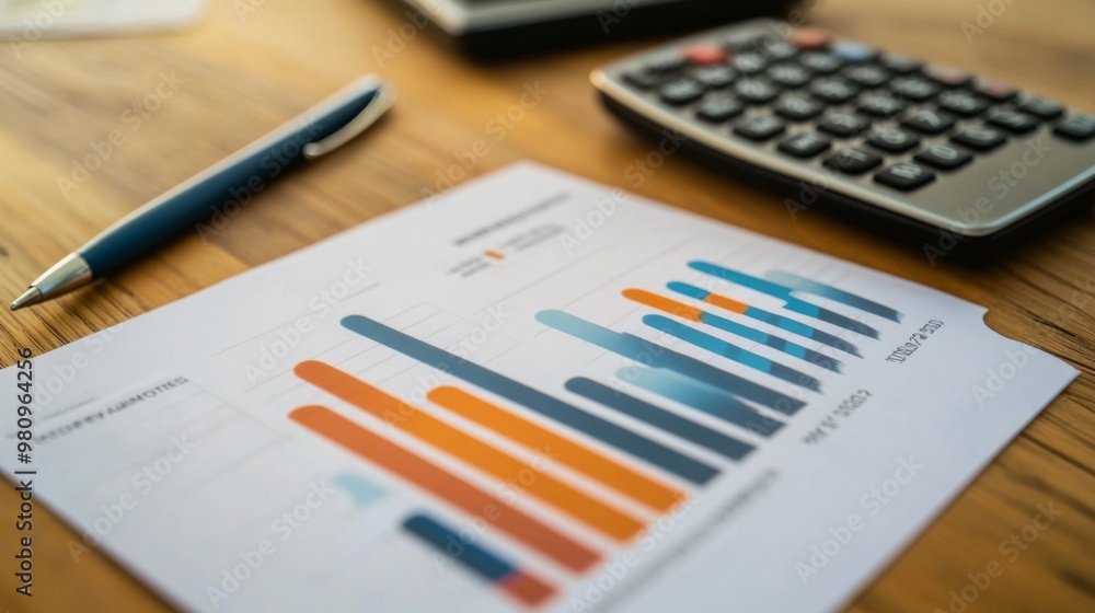 A detailed view of a financial report featuring a bar chart with revenue and expense data, placed on a desk with a calculator and pen for in-depth analysis. A detailed view of a financial report featuring a bar chart with revenue and expense data, placed on a desk with a calculator and pen for in-depth analysis.