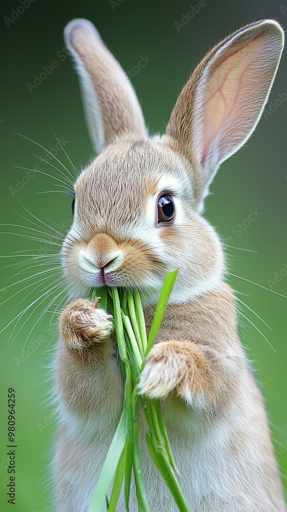 Fototapeta premium A close-up of a rabbit peacefully eating grass, its ears perked up and alert, reflecting the quiet joy of life in the countryside.