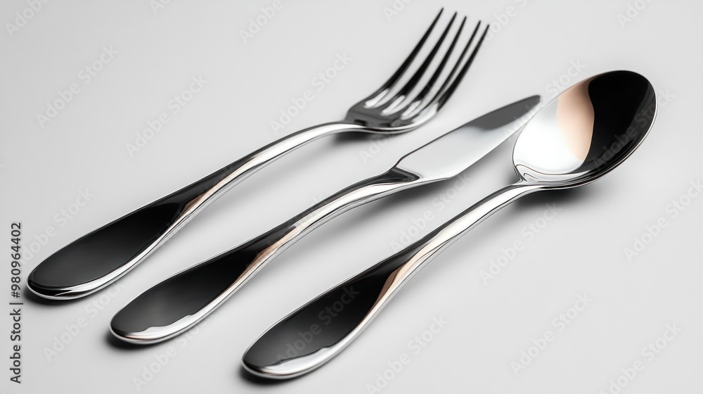 A set of silver cutlery including a fork, knife, and spoon. A set of silver cutlery including a fork, knife, and spoon.