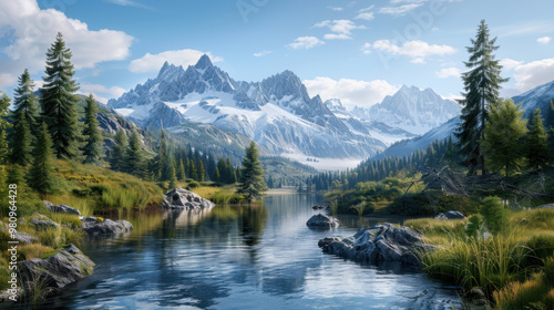 Stunning mountain landscape featuring a clear river, pine trees, and snow-capped peaks under a bright blue sky.