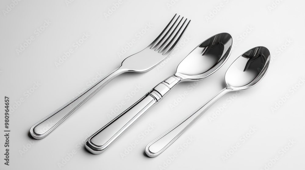 A set of three polished utensils fork, spoon, and teaspoon. A set of three polished utensils fork, spoon, and teaspoon.