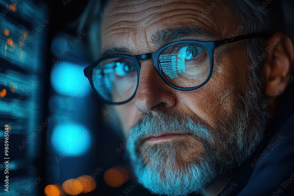 senior programmer intently focused on multiple monitors complex code reflected in glasses cybersecurity concept dark room with blue light glow senior programmer intently focused on multiple monitors complex code reflected in glasses cybersecurity concept dark room with blue light glow