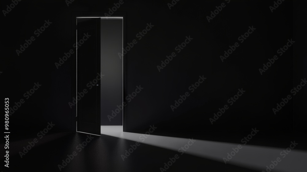 An abstract dark concrete interior with bright white light is surrounded by a closed white door. An abstract dark concrete interior with bright white light is surrounded by a closed white door.