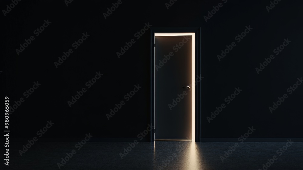 An abstract rendering of a white door in a dark room with bright white light emanating from its opening. Dark concrete interior with bright white light. An abstract rendering of a white door in a dark room with bright white light emanating from its opening. Dark concrete interior with bright white light.