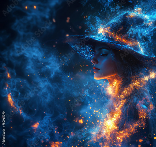 Beautiful witch in neon lights. Witchcraft, Halloween. AI generative