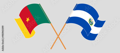 Crossed and waving flags of Cameroon and Republic of El Salvador. Vector illustration