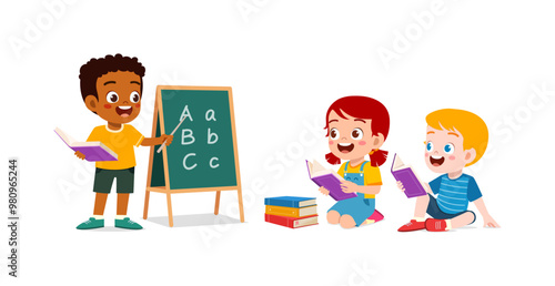 little kid writing on blackboard with chalk to teach friend