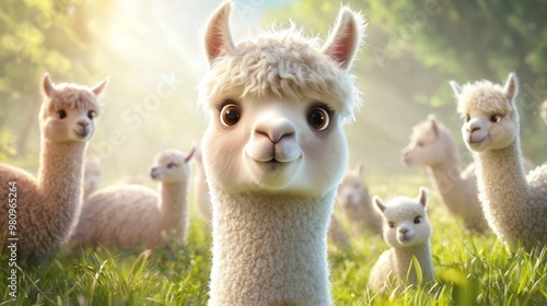 A flock of alpacas munching on grass in a sunlit pasture, with one alpaca gazing straight into the camera, surrounded by a sea of greenery and light.