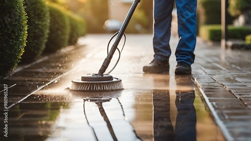 Professional cleaning service provided by workers using a pressure washer to clean the driveway