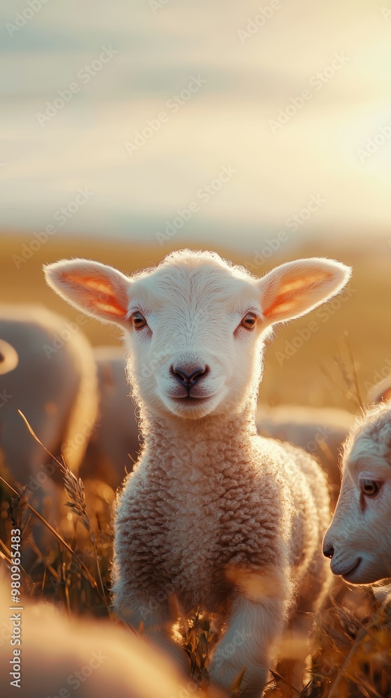A flock of young lambs playing in a lush meadow, with one lamb looking directly at the camera, its fur glistening under the warm sunlight. A flock of young lambs playing in a lush meadow, with one lamb looking directly at the camera, its fur glistening under the warm sunlight.