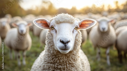 A flock of sheep scattered in a sunlit pasture, with one sheep looking directly at the camera, symbolizing the peaceful joy of a warm countryside day.