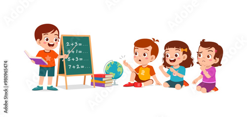 little kid writing on blackboard with chalk to teach friend