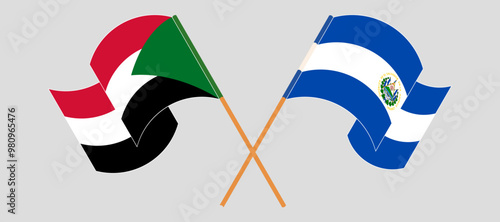 Crossed and waving flags of the Sudan and Republic of El Salvador. Vector illustration