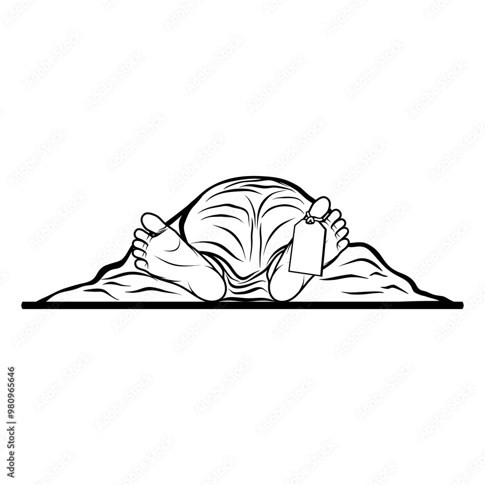 a corpse covered in white cloth appears to have black and white soles on its feet vector line art a corpse covered in white cloth appears to have black and white soles on its feet vector line art