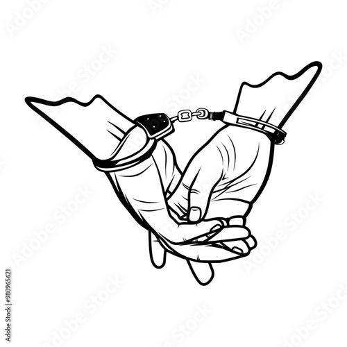 prisoner's left and right hands handcuffed behind black and white vector line art