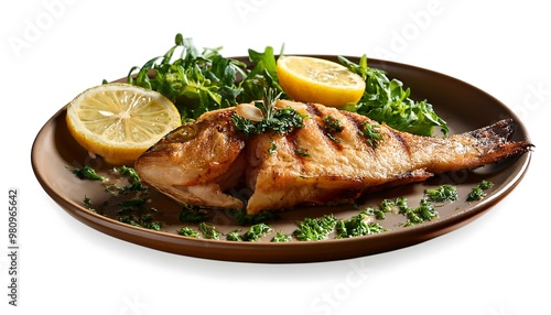 Grilled Fish with Lemon and Salad on a Plate