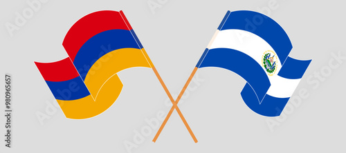 Crossed and waving flags of Armenia and Republic of El Salvador. Vector illustration