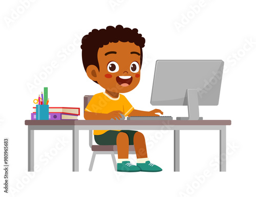 little kid study on desk and do e-learning
