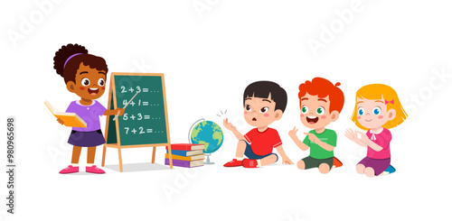 little kid writing on blackboard with chalk to teach friend