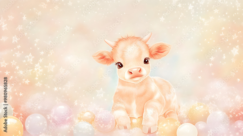 diseño de invitacion tierna y creativa para baby shower o fiesta de cumpleaños infantil con pelotas decorativas y una vaca bebe tierna sobre un fondo en color pastel claro diseño de invitacion tierna y creativa para baby shower o fiesta de cumpleaños infantil con pelotas decorativas y una vaca bebe tierna sobre un fondo en color pastel claro