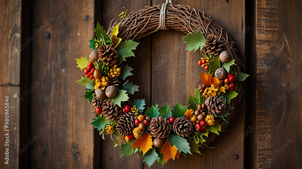A handcrafted autumn wreath made of acorns, pinecones, and colorful leaves hanging on a rustic wooden door. A handcrafted autumn wreath made of acorns, pinecones, and colorful leaves hanging on a rustic wooden door.