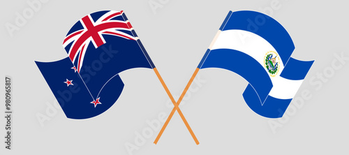 Crossed and waving flags of New Zealand and Republic of El Salvador. Vector illustration