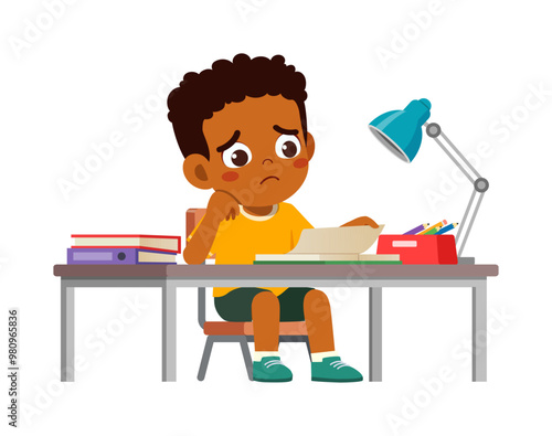 little kid study on desk and feel sad