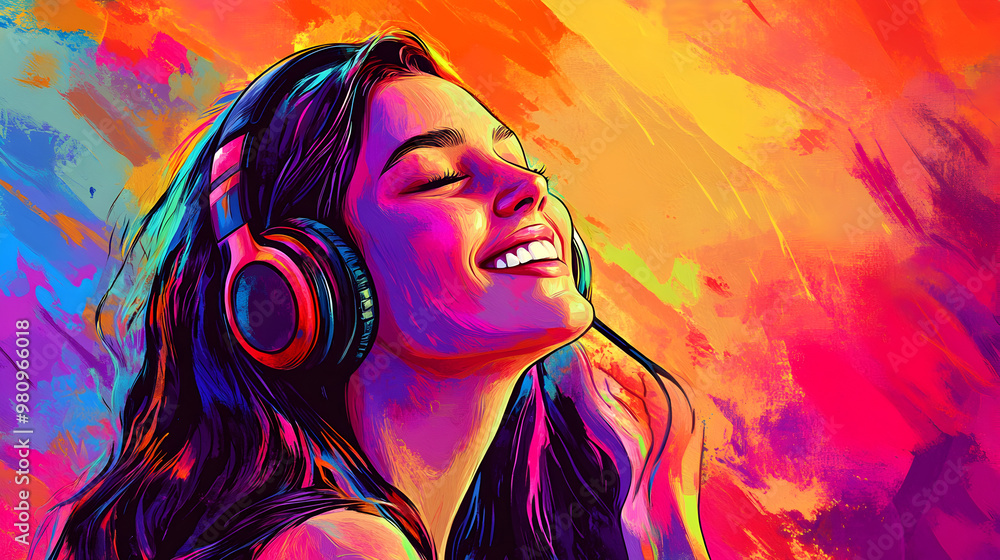 Naklejka premium una pintura de una mujer escuchando musica con audifonos auriculares disfrutando de un buen pasatiempo y de escuchar buena musica sobre un fondo colorido