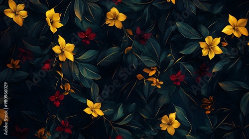 Nature-inspired floral pattern with bold golden lines and dark tones, hyper-realistic, sharp, high-quality design