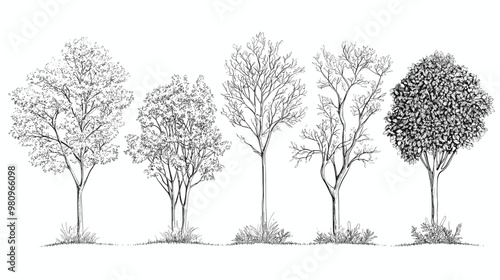 Architectural Drawings, Minimal style cad tree line drawing, Side view, set of graphics trees elements outline symbol for landscape design drawing. Vector illustration