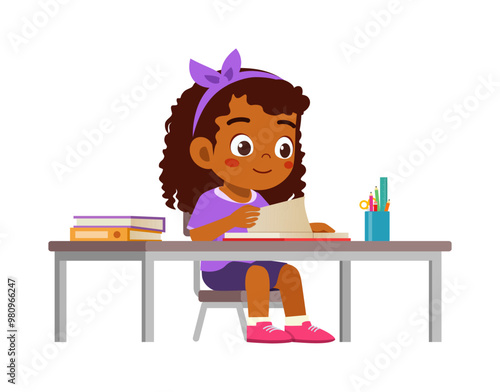 little kid study on desk and feel happy