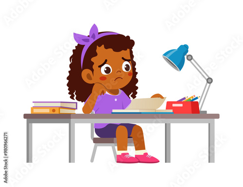 little kid study on desk and feel sad