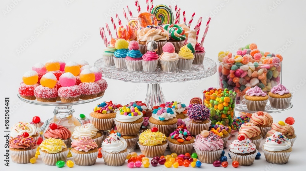 A festive candy display featuring a tiered stand with an assortment of candies and sweets, including cupcakes and candies, set against a clean white background for a party or event. A festive candy display featuring a tiered stand with an assortment of candies and sweets, including cupcakes and candies, set against a clean white background for a party or event.