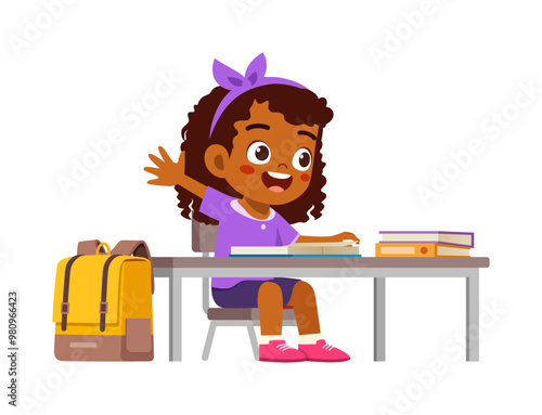 little kid study on desk and raise hand to answer question