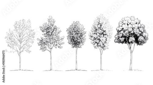 Architectural Drawings, Minimal style cad tree line drawing, Side view, set of graphics trees elements outline symbol for landscape design drawing. Vector illustration