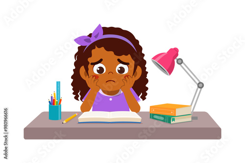 little kid study on desk and feel sad