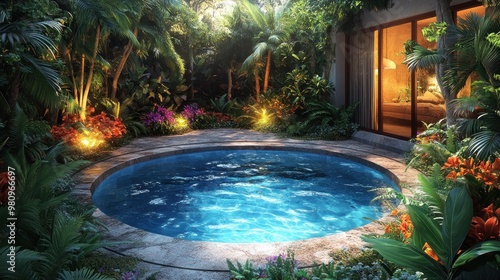 Serene pool surrounded by lush greenery and vibrant flowers.