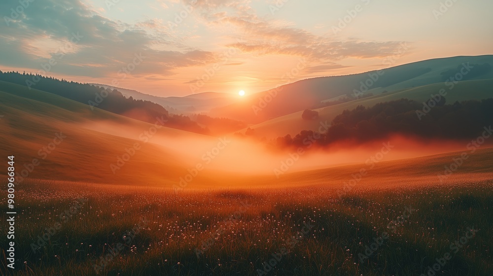 Obraz premium Serene Sunrise over Misty Hills and Valleys
