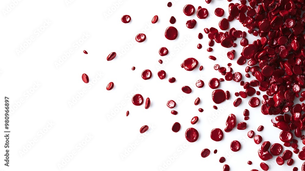 A collection of red blood cells scattered on a white background, illustrating biological elements. A collection of red blood cells scattered on a white background, illustrating biological elements.