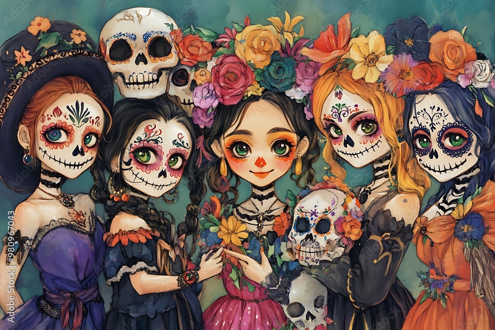Day of the Dead Girls with Skulls and Flowers. Day of the Dead Girls with Skulls and Flowers.