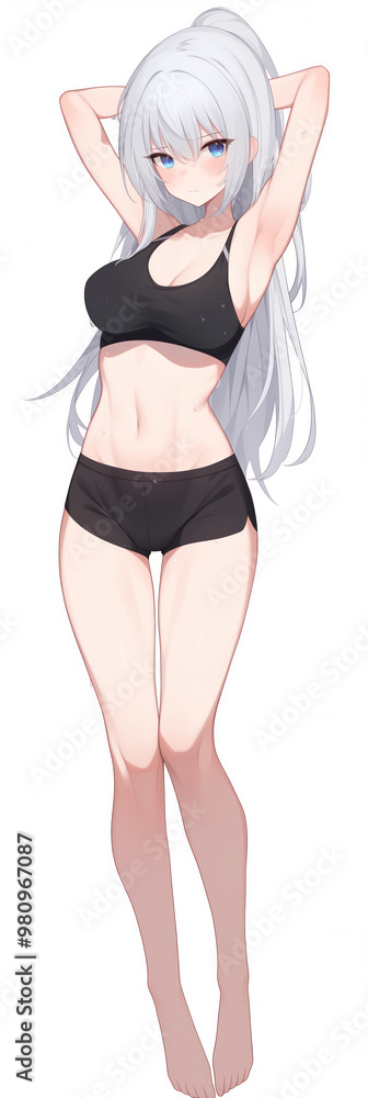 Young attractive anime lady wearing only shorts and sports bra sexy posing Young attractive anime lady wearing only shorts and sports bra sexy posing