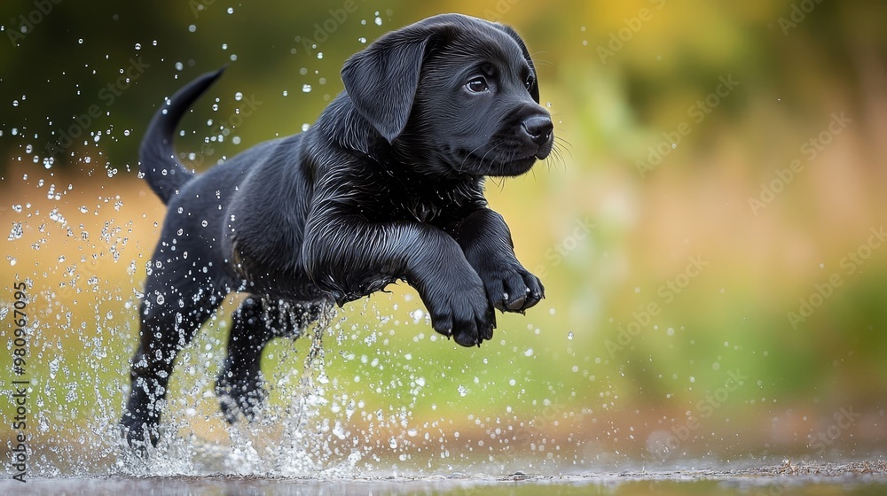 Energetic Black Labrador Puppy Leaping in Puddle with Water Droplets Suspended in Air Under Natural Lighting Energetic Black Labrador Puppy Leaping in Puddle with Water Droplets Suspended in Air Under Natural Lighting