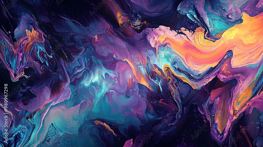 Abstract art featuring flowing swirls of vibrant blue, pink, purple, and orange paint against a dark background. Abstract art featuring flowing swirls of vibrant blue, pink, purple, and orange paint against a dark background.
